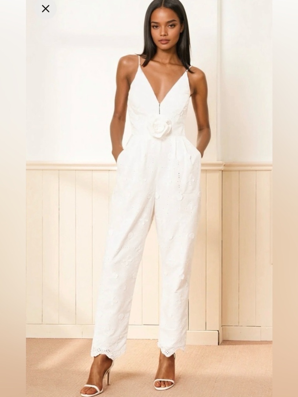 Yumi Kim White Eyelet Spaghetti-Strap Jumpsuit with Waist Flower, Small